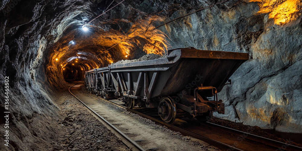 Poster mine cart full of ore in a dark underground tunnel generative ai