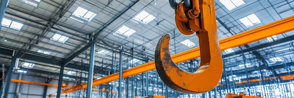 Poster modern warehouse interior displaying crane hook system generative ai