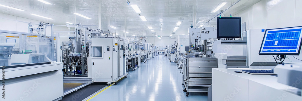 Poster modern semiconductor factory interior showcasing advanced technology generative ai