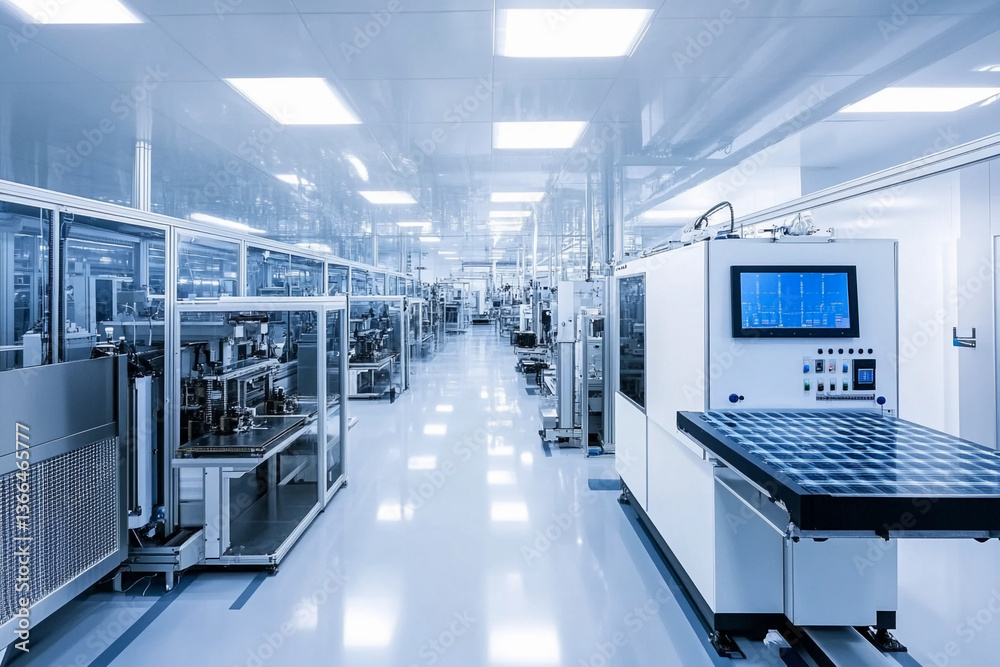 Poster modern semiconductor factory interior with advanced machinery generative ai