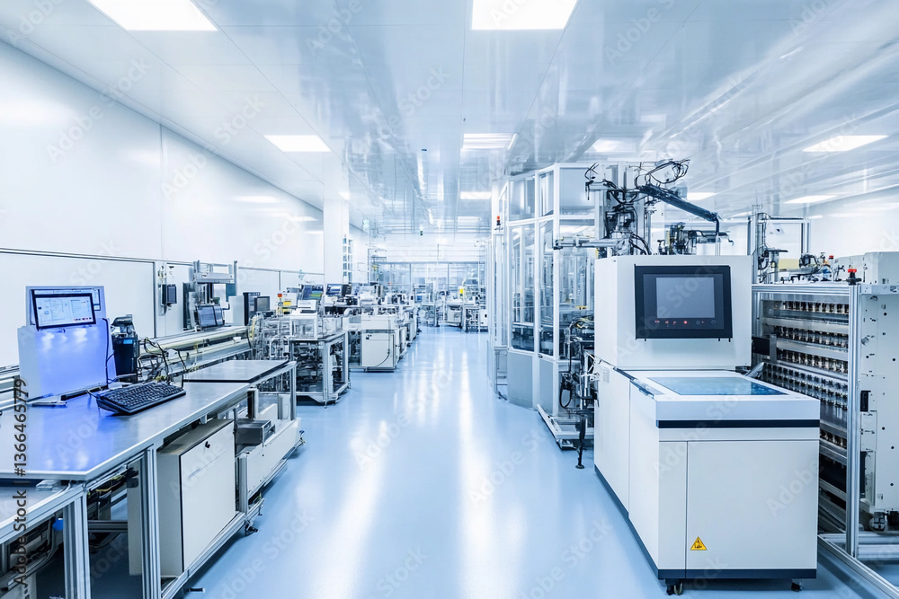 Poster modern semiconductor factory interior with advanced machinery generative ai