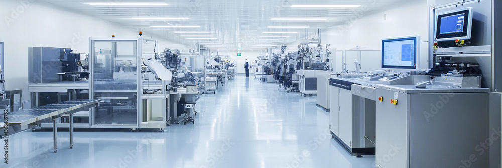 Poster modern semiconductor factory interior with advanced machinery generative ai