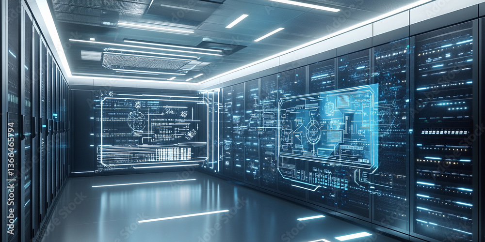 Poster futuristic server room with holographic interface technology generative ai