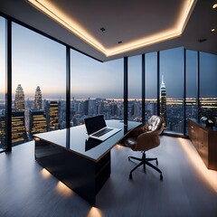 High-Rise Office with Skyline View: A sleek, modern office space offering a breathtaking panorama of a sprawling cityscape, complete with a desk, laptop, and comfortable chair.