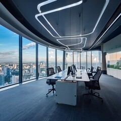 Modern Office with Skyline View: A modern office interior with a panoramic view of a bustling city skyline, showcasing an organized workspace and contemporary design elements.