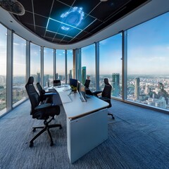 Cityscape from Office: A panoramic view of a modern office space, capturing the essence of work and the cityscape beyond through large windows, bathed in natural light.