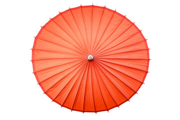 Open red paper umbrella on black background, oriental style, cut out transparent