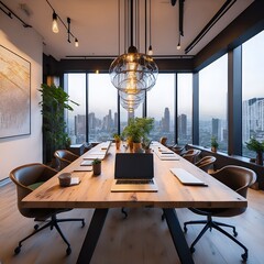 Modern Conference Room: A stylish conference room with a panoramic city view, complete with a large wooden table, comfortable chairs, and modern lighting.