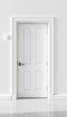 Clean whitewashed wall with closed paneled door, simple molding, blank, clean