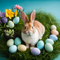 Adorable Easter Bunny Surrounded by Colorful Eggs and Spring Flowers in a Nest of Grass