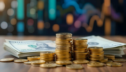 Coins and cash are on a wooden surface with charts