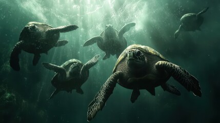 Fototapeta premium Five sea turtles swim gracefully underwater with sun rays shining through. Use this image to show ocean life or environmental conservation topics.