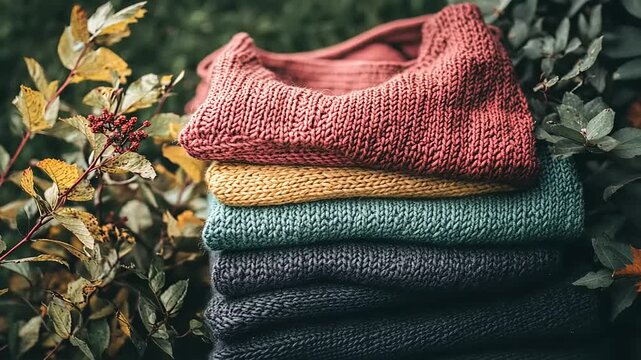 Cozy stacked sweaters in autumn colors resting on foliage, evoking warmth and seasonal comfort