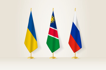 Diplomatic Meeting Representation, Ukraine, Namibia and Russia Flags. Flags on Diplomatic Stands.