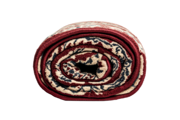 Rolled red carpet with pattern, isolated on black, cut out transparent