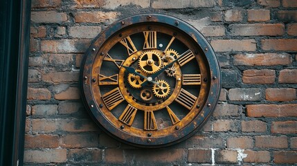 Vintage Gear Clock on Brick Wall