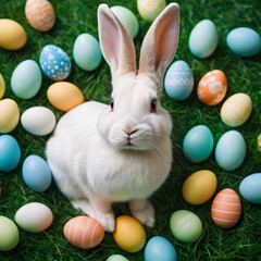 Adorable White Easter Bunny Surrounded by Colorful Eggs on Green Grass