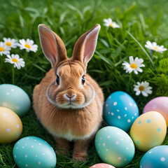 Adorable Easter Bunny Surrounded by Colorful Eggs in a Spring Meadow