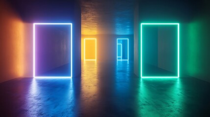 Illuminated rectangular portals in a futuristic hallway with vibrant reflections