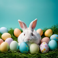 Adorable White Easter Bunny Nestled Among Colorful Easter Eggs in Green Grass