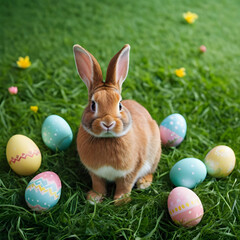 Adorable Easter Bunny Surrounded by Colorful Eggs in Lush Green Grass