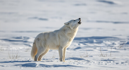 Naklejka premium Majestic arctic wolf howling in the snow illuminated by sunlight at midday