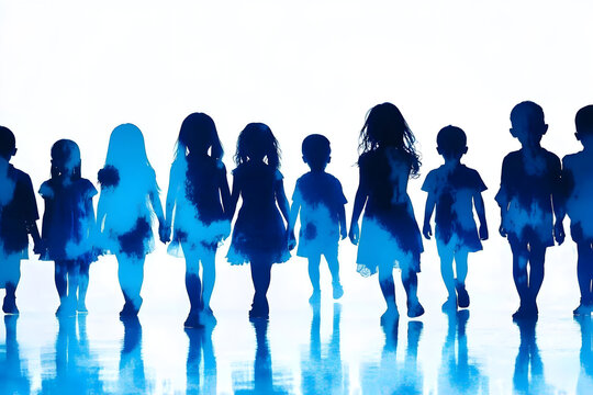 Blue silhouettes of children on white background for international missing children s day