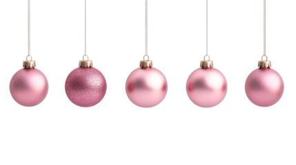 Row of glossy pink ornaments hanging, cut out transparent