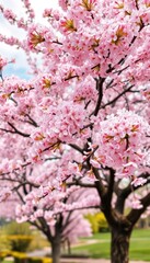 Obraz premium Full bloom sakura tree, pink and white blossoms, vibrant spring landscape, idyllic, botany, tree