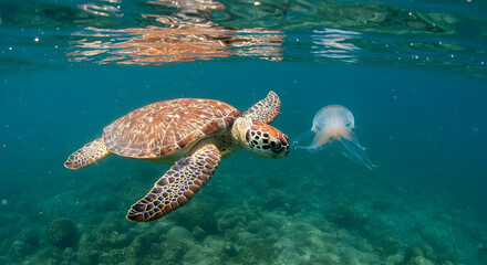 Fototapeta premium Sea turtle gracefully eating a jellyfish in the crystal-clear open ocean ecosystem