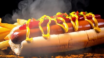 Enjoy a mouthwatering hot dog topped with ketchup and mustard, accompanied by golden fries. This comfort food is perfect for a casual meal at a favorite local eatery