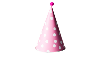 Pink polka dot birthday hat with pompom decoration, cut out transparent