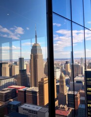 Naklejka premium Gleaming glass facade reflects city skyline, intricate details visible, glass building, urban landscape