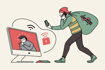 Phone scam, fraud or stealing money crime, cyber online safety hacking,  vector art design