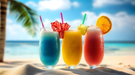 Exotic summer drinks on sandy beach tropical background
