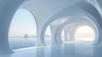 Fototapeta premium White minimalist interior of a futuristic ice museum with arched windows overlooking the sea, surrounded by white arches and shapes