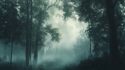 Obraz premium A serene foggy morning in a dense forest, with muted tones and light filtering through the trees. Muted Awakening. Illustration