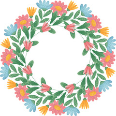 Colorful Floral Wreath with Leaves. Circular floral wreath of pink, blue, and yellow flowers with green leaves. For wedding invitation, greeting card. Vector Illustration