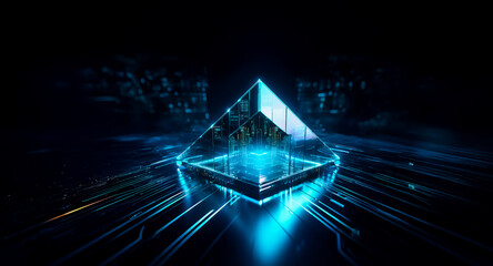 Abstract geometric shape, glowing with blue light, emerges from a dark space, radiating futuristic trails and suggesting digital technology.