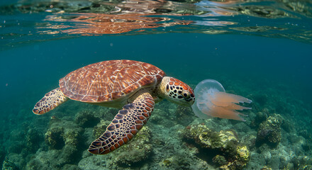 Fototapeta premium Sea Turtle underwater devouring Jellyfish, showcasing a pristine marine ecosystem