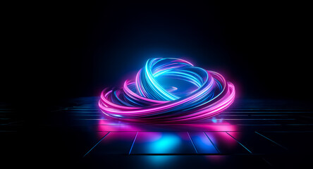 Vibrant neon lights intertwine, forming a mesmerizing spiral against a stark black backdrop.  Pink and blue hues glow intensely, reflecting on the sleek, dark surface below, creating a futuristic abst