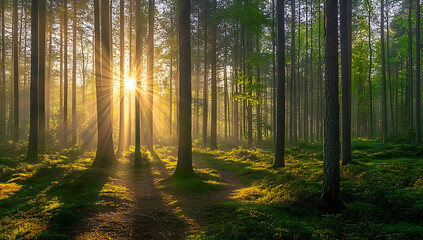 Obraz premium Silent Forest in spring with beautiful bright sun rays