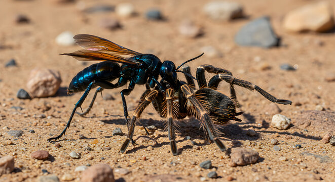 Tarantula Hawk Wasp Carrying Paralyzed Tarantula Across a Sandy Ground