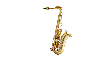 Golden saxophone, musical instrument for jazz music performance, cut out transparent