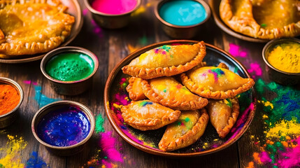 Traditional Holi feast with gujiya and festive powders on a vibrant table, Indian cultural celebration, concept of festivals, food, and colors, ideal for food photography, event promotions