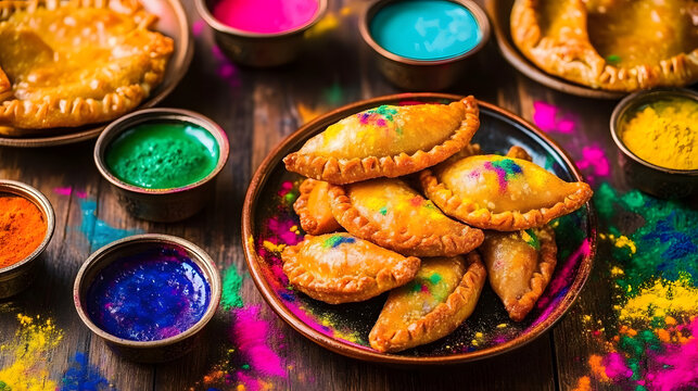 Traditional Holi feast with gujiya and festive powders on a vibrant table, Indian cultural celebration, concept of festivals, food, and colors, ideal for food photography, event promotions