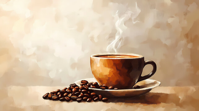 Steaming cup of coffee beans: a simple yet striking illustration of a steaming cup of coffee beans, perfect for representing the warmth and comfort of a morning brew. Muted Awakening. Illustration