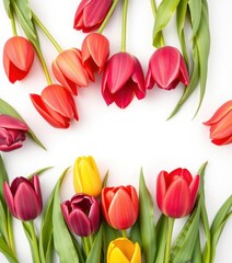 Obraz premium Vibrant tulips, various colors, isolated on pure white background, bloom, springtime, floral