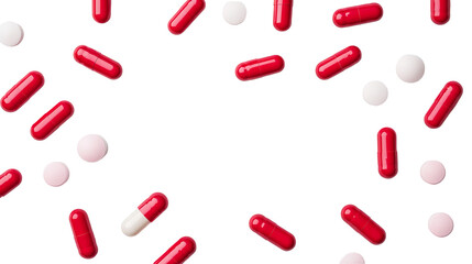 Red capsules and white pills background, medical treatment, cut out transparent