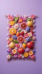 Colorful arrangement of fruits and flowers displayed on purple surface